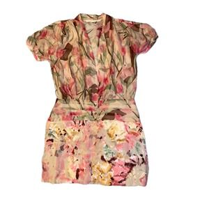 WALTER Floral Print Silk Short Sleeve V Neck Button Front Dress Size 6